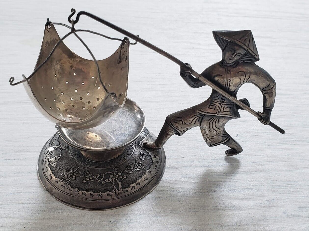 Vintage .900 Silver Vietnam Tea Strainer Figural Man Fishing Pole Russian Assay