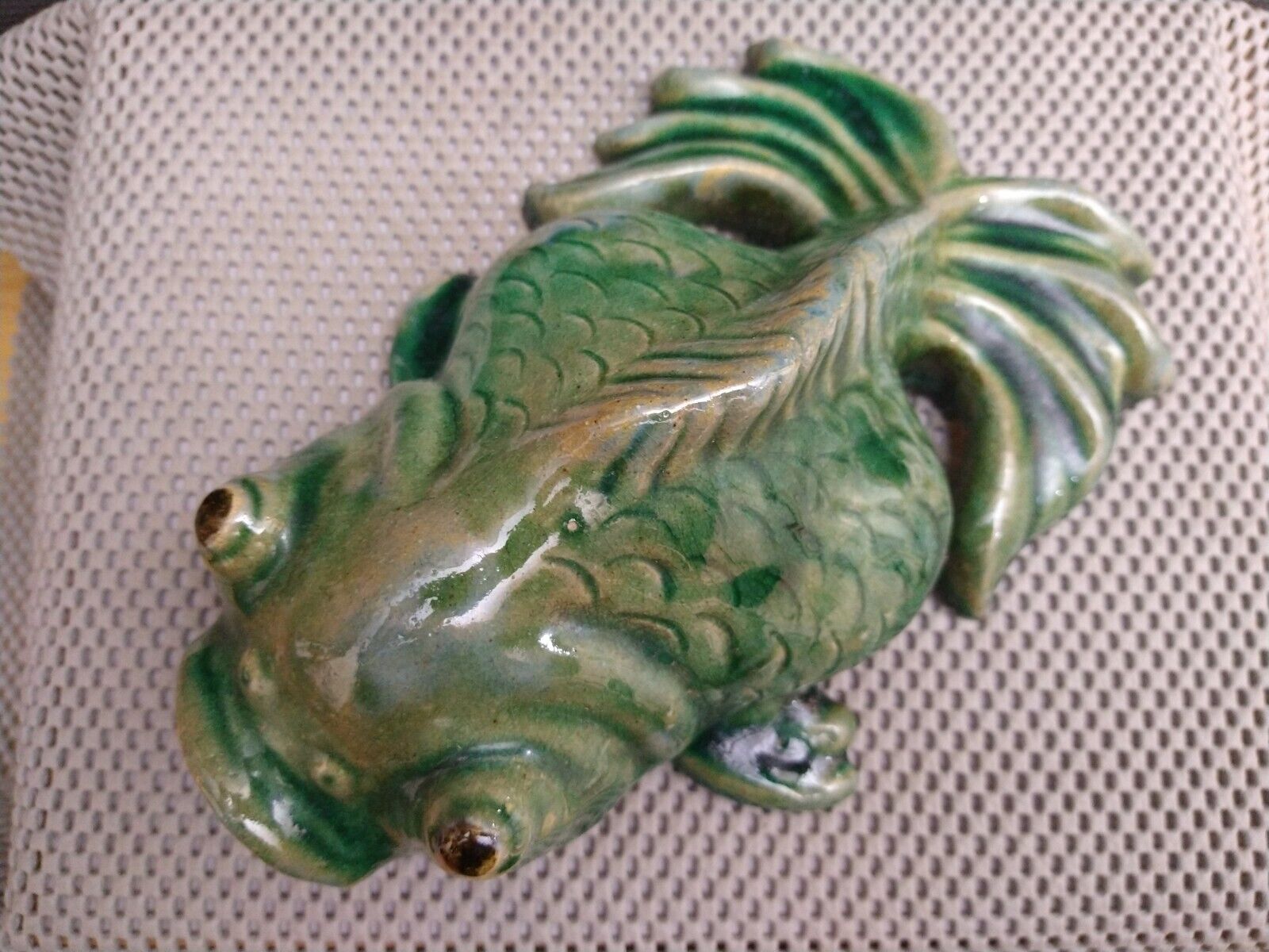 Vintage Chinese Green Earthenware Pottery Koi Fish Wall Vase