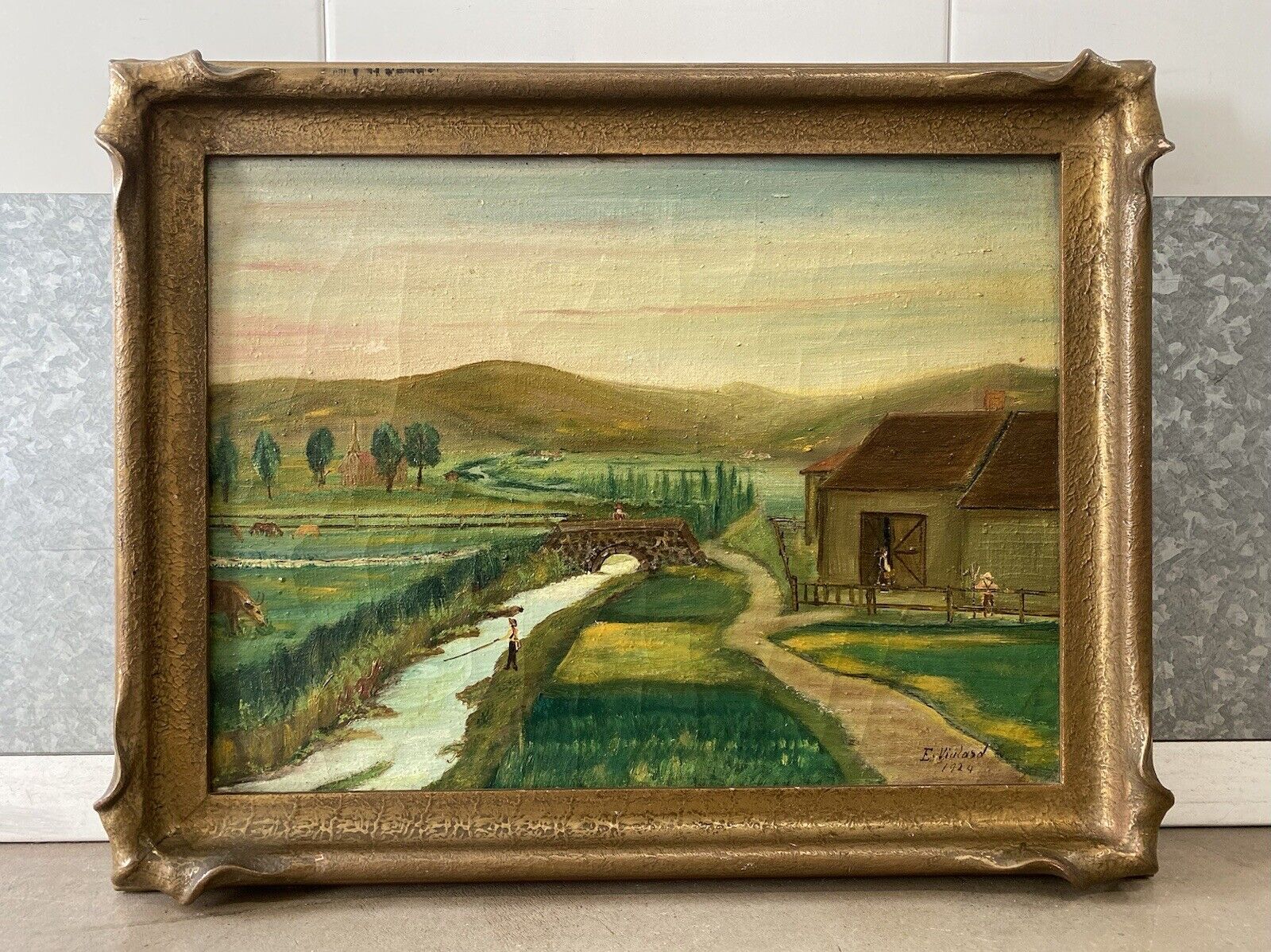 🔥 Antique Old French Countryside Landscape Folk Art Oil Painting, Vialard 1924