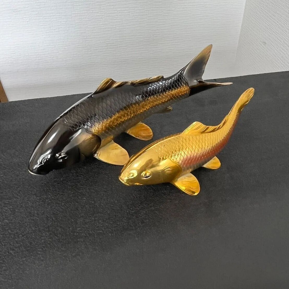 Twin Carp Fish Metal statue Couple Figurine Craft Japanese Vintage Art Gold