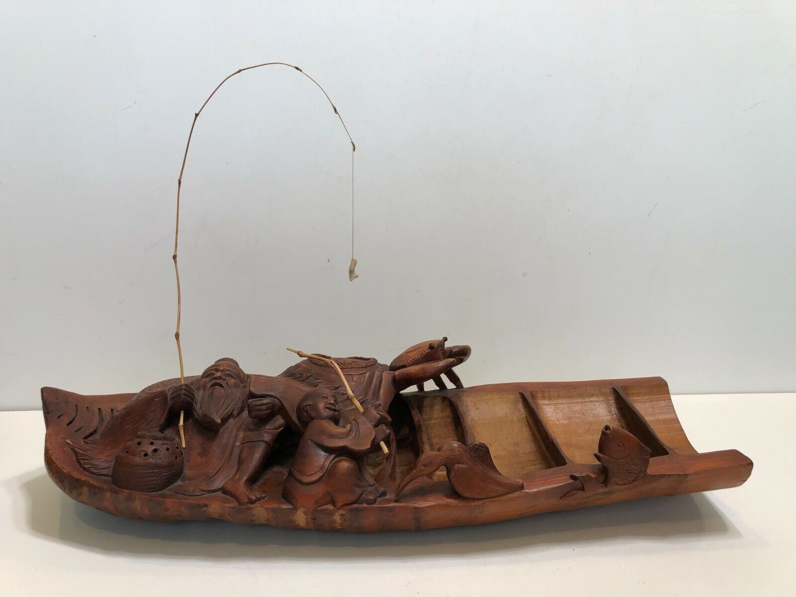 Antique Chinese Large Bamboo Root Hand Carved Boat Fishing Scene, 22