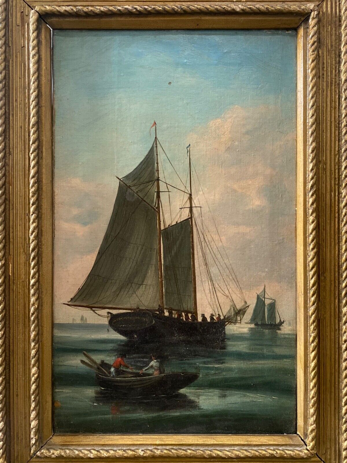 🔥 Antique Old 19th c. Nautical Ship Seascape American Folk Art Oil Painting