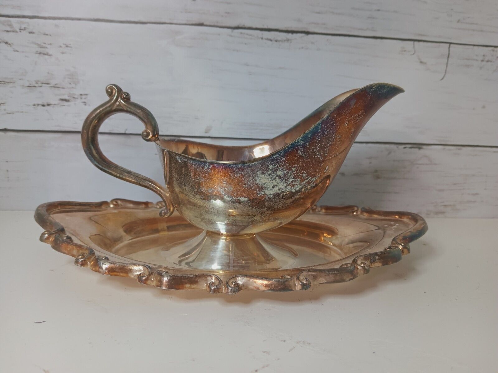 Vintage Georgetown By F B Rogers Silverplate Gravy Boat With Attached Spill Tray
