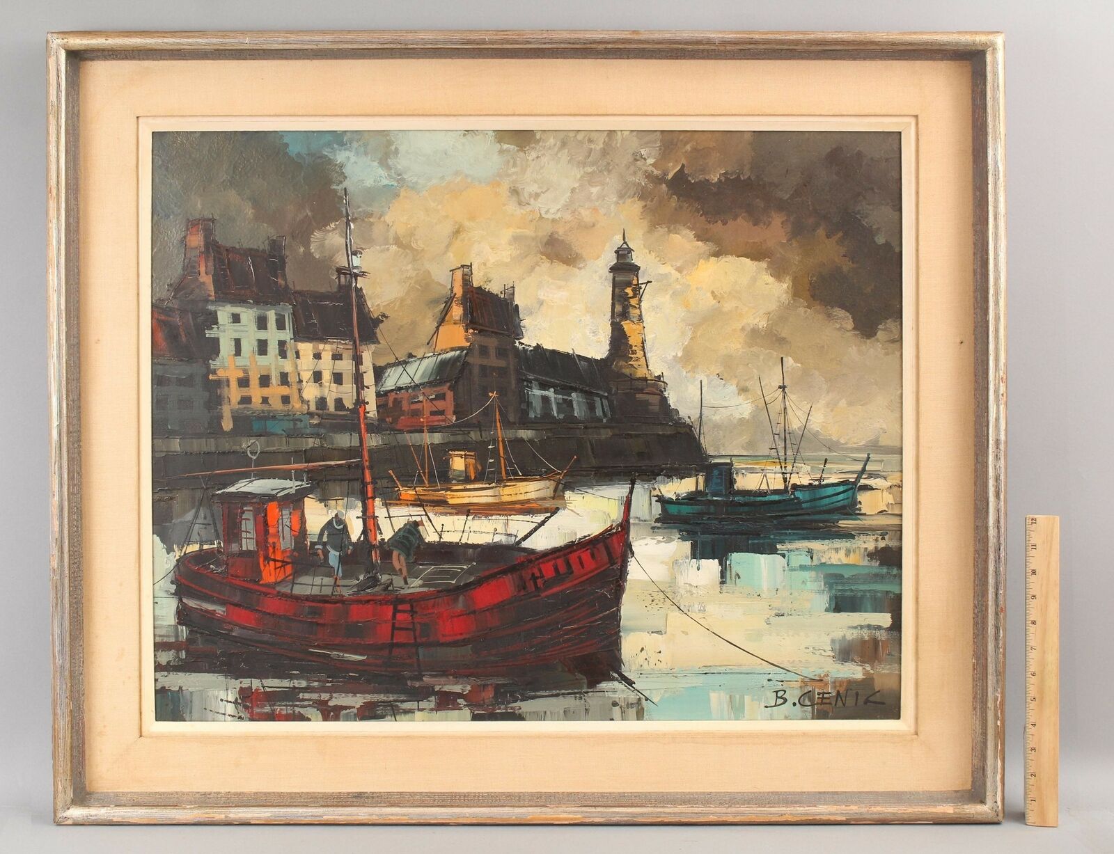 Mid-Century BORIS CENIC French Expressionist Fishing Boat Harbor Oil Painting