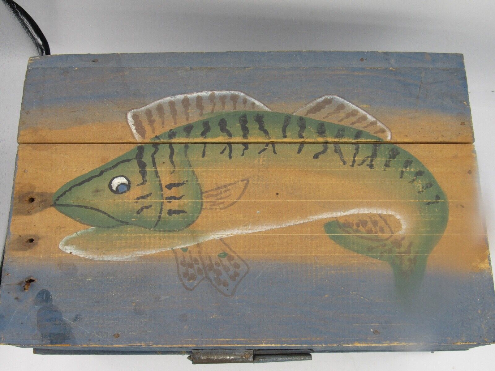 Antique BLUE Green Fish Original Fishing Tackle box Handmade 11 1/2\