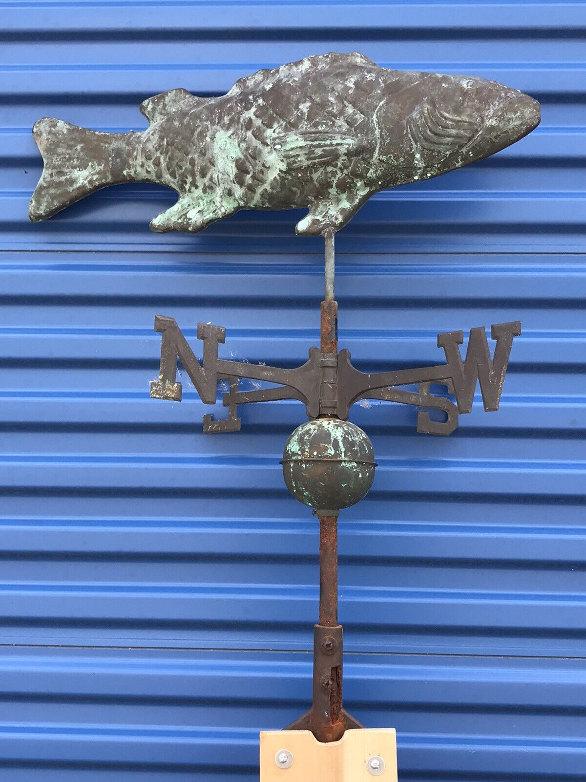 Large 25” L  8” W Hollow Fish Weathervane With Lightning Rod Ball Iron Stand