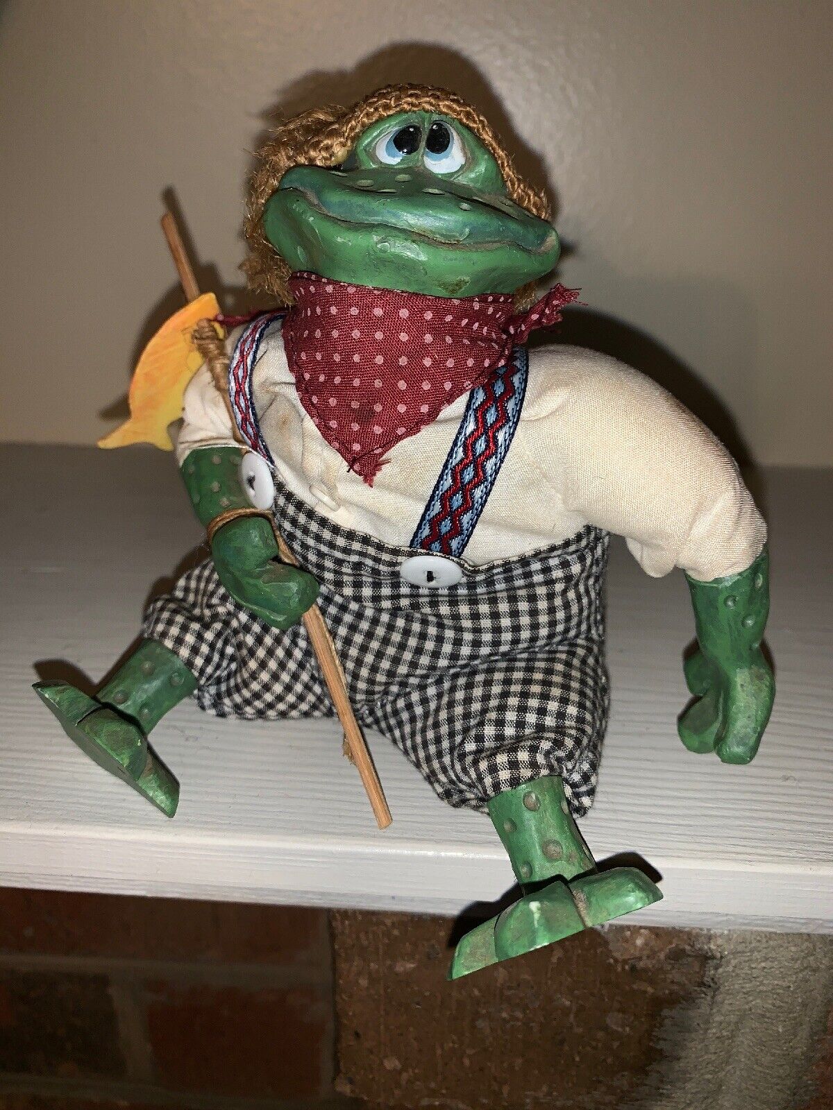 Russ Beanbag Ceramic Fishing Pole Primitive Doll Country Folk Frog 6” ❤️tw4j