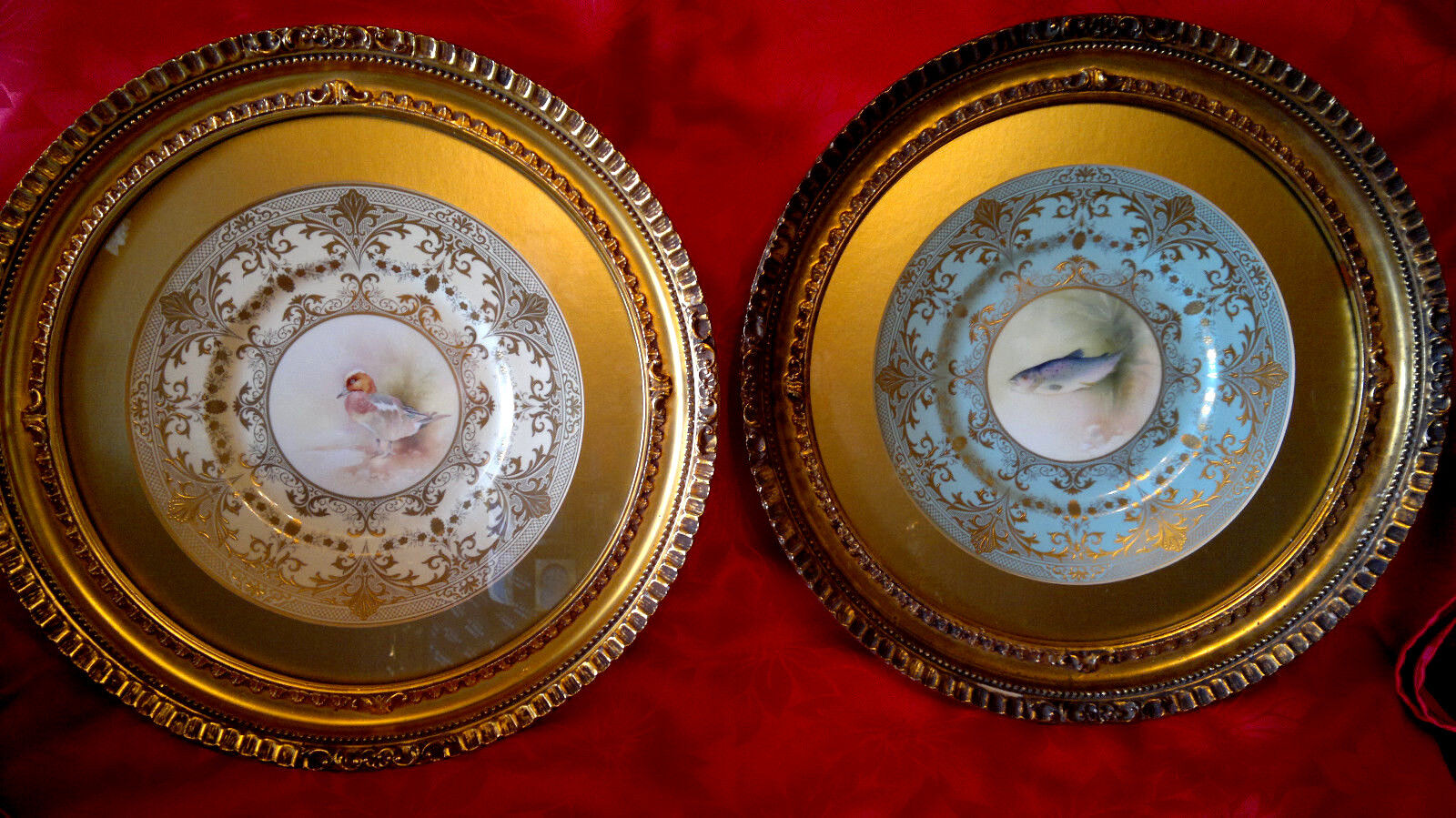 Vintage Pair of Gilt Framed Hand Painted Trout & Duck Plates Wall Plaques 17