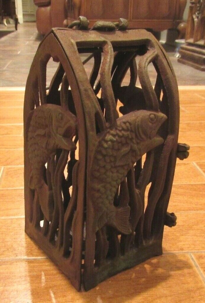 Vintage. Cast Iron Fish Trout  Stand Hanging Lantern  Candle Holder 