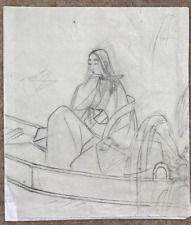 Japanese Original Antique Artist Pencil Drawing on Rice Paper figure in a boat picture