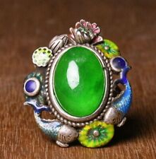 3CM Old Chinese Cloisonne Silver Inlay Green Jade Lotus Fish Jewelry Figure Ring picture