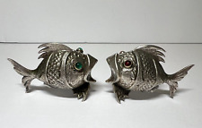 Antique Silver Spain Figural Fish Salt & Pepper Shakers Circa Early 1900's picture