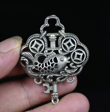 5CM Rare Chinese Miao Silver Gems Feng Shui Fish Wealth Lucky Bell Pendant picture