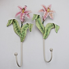Pink Lily Flower Wall Hook Glitter Set of 2 Painted Metal Italian Tole Style picture