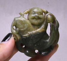 5cm Rare China Old Green Jade Carving Boy Tongzi Hug Fish Amulet Pendant picture