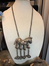 4.Vintage Hollow Tibetan Silver Horse With Dangle Fish Amulet Statement Necklace picture
