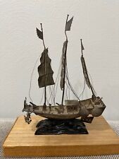 Antique Chinese Export Silver War Junk Boat Ship on Wood Stand picture