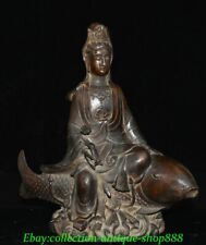 Old Chinese Purple Bronze Painting Guanyin RuYi Goddess Seat Fish Buddha Statue picture