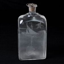 Antique Signed Frosted Etched Glass Bottle Nautical Boats Fish Musical Note 9.5