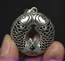 4CM Old Chinese Silver Dynasty Palace Feng Shui Double Fish Lock Pendant picture