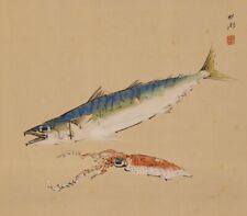 JAPANESE PAINTING HANGING SCROLL Vintage PICTURE Fish Squid Mackerel f824 picture