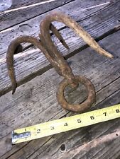 VINTAGE ANTIQUE BLACKSMITH FORGED MEAT, GRAPPLING HOOK, with HEAVY IRON RING picture