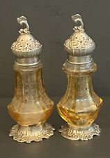 Antique Sterling & 800 Silver Etched Moser Glass Salt Pepper Set Fish Finial picture