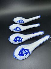 Four Vintage Chinese Koi Fish Soup Spoons - Blue & White Hand Painted Authentic picture