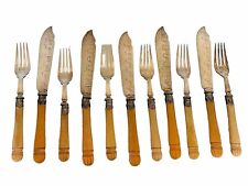 SET Wm Humphreys 6 SILVER PLATED ENGRAVED FISH KNIVES & 6 FORKS CARVED HANDLES picture