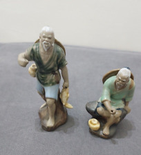 2 Vtg Fishing Mudman with Fishing Pole, Shiwan Glazed Ceramic Pottery, Mudman picture