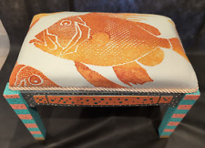 Whimsical Antique Upholstered Stool Turquoise Tangerine Hand Painted Giant Fish picture