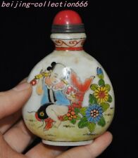 3'' China Glass painting tongzi boy fish Medicine storage tank snuff bottle pot picture