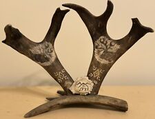 Antique Antler Carving Trophy Dated 1949 Sportsman Hunting Stag Fishing Folk Art picture