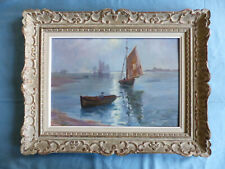 SUPERB FRENCH OIL ON PANEL MARINE PAINTING OF FISHING BOATS SIGNED FRAMED 1940s picture