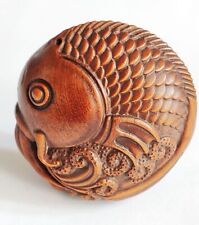 Handcrafted Boxwood Netsuke Figurine - Exquisite Pretty Fish Statuette picture