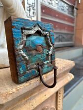 Ancient Old Wooden Hand Craved Blue Paint Floral Hanger Hook Wall Hanging Hook picture