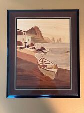 VINTAGE SEA LAND BOAT MARQUETRY WOOD INLAY LACQUERED PLAQUE WALL HANGING picture
