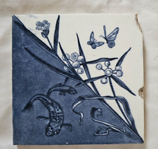 UNUSUAL MINTON FISH & BUTTERFLY DESIGN ANTIQUE TILE B A/F AESTHETIC BLUE & WHITE picture
