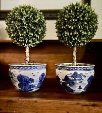 Vintage Chinese Blue White Fish Bowl Pot Jardiniere Cachepot Chinoiserie Set /2 picture