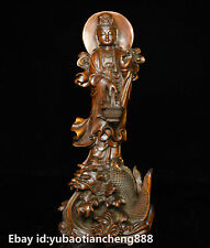 Chinese Buddhism Boxwood wood Carved Dragon Fish Kwan-yin Guan Yin Buddha Statue picture