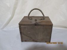 Vintage Primitive Hand Made Wood Metal Twine Handle Fishing Bait Box Hinged Lid picture