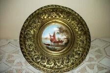 ANTIQUE MINIATURE OIL PAINTING PORCELAIN FISHING BOAT DEEP BRONZE FRAME EMBOSSED picture