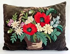 Antique 1920s American Folk Art Hook Pillow of Flowers in Basket, 22