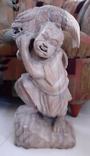 VTG Chinese Asian Wood Wooden Fisherman Fish Sculpture Man Hand Carved LG 20