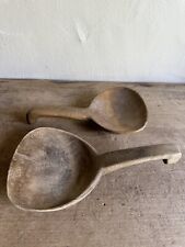 Two Antique Wooden Butter Paddle Scoops Hook Ends Patina Woodenware ￼￼ picture