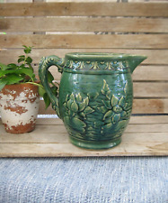 LG Antique Lily Pond Dk Green Glazed Stoneware Pitcher Fish Handle  picture