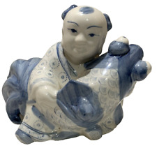 Vintage Chinese Porcelain Boy Figure With Koi Fish Blue And White picture