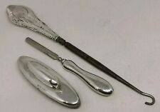 Vtg c1915 Solid Sterling Silver Vanity Tools Nail Buffer Cuticle & Button Hook picture