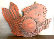 Japanese Antique Wooden Vermillion Fish Signboard Kanban Free Hook 19.7×20.9inch picture