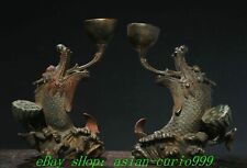8.6''Old China Bronze Gilt Painting Dragon Fish Candle Holder Candlestick Pair picture
